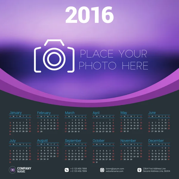 Vector Design Print Template with Place for Photo. Calendar for 2016 Year. Week Starts Sunday — Stock vektor