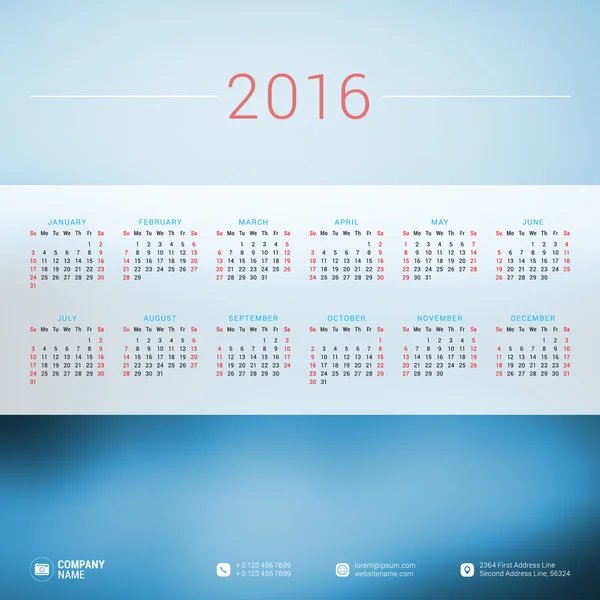 Vector Design Print Template with Place for Photo. Calendar for 2016 Year. Week Starts Sunday — Stockový vektor