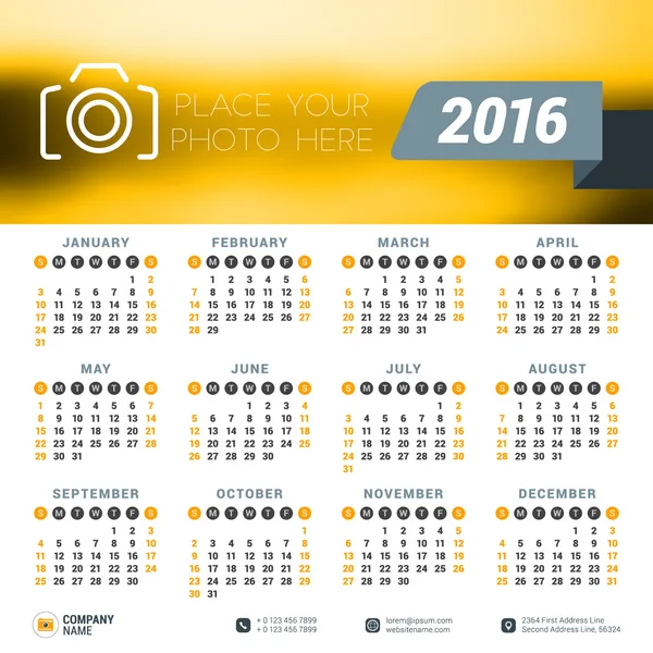 Vector Design Print Template with Place for Photo. Calendar for 2016 Year. Week Starts Sunday — 스톡 벡터