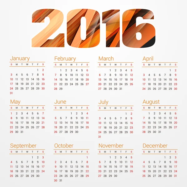 Plantilla de impresión de diseño vector. Calendario de carteles para el año 2016. Semana comienza el domingo — Vector de stock