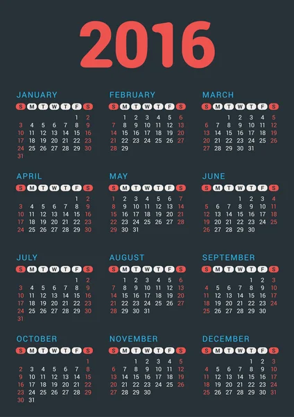 Vector Design Print Template. Poster Calendar for 2016 Year. Week Starts Sunday — Stockvector