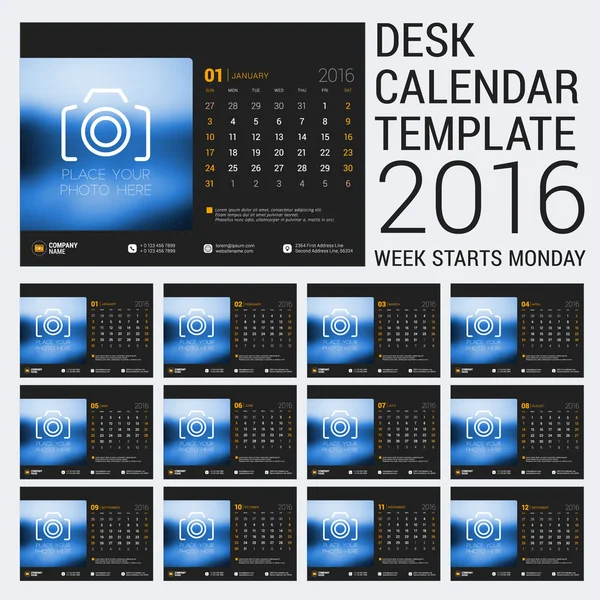 Calendar Set for 2016 Year. Vector Stationery Design Print Template. Week Starts Sunday. 12 Pages — Stock vektor