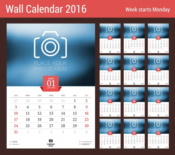 Calendar Set for 2016 Year. Vector Stationery Design Print Template. Week Starts Sunday. 12 Pages — Stock vektor