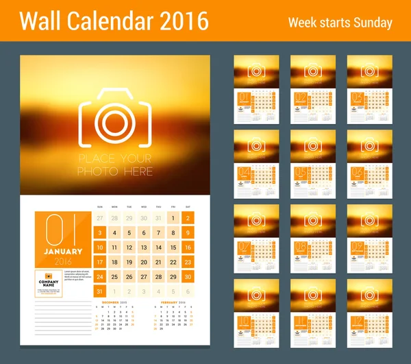 Calendar Set for 2016 Year. Vector Stationery Design Print Template. Week Starts Sunday. 12 Pages — Διανυσματικό Αρχείο