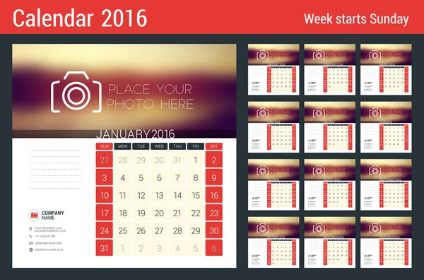 Календарь на 2016 год. Шаблон для печати векторных канцелярских товаров. Неделя начинается в воскресенье. 12 страниц — стоковый вектор