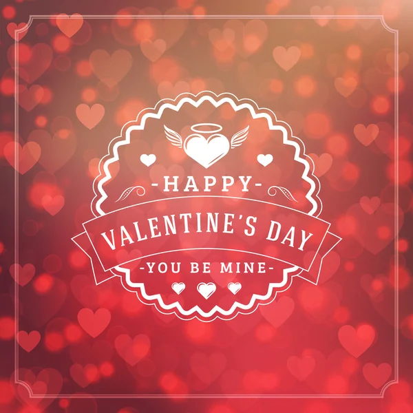 Happy Valentines Day Retro typografische Badge. Valentines Day Valentine Card. Poster. Vectorillustratie. Ontwerpsjabloon op verzadigde abstracte achtergrond met hart — Stockvector