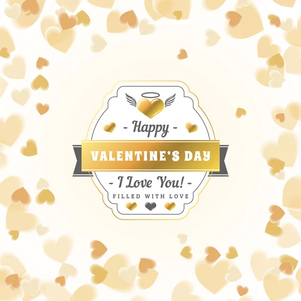 Happy Valentines Day Vintage Golden Badge. Valentines Day Greeting Card or Poster. Vector Illustration. Design Template with Light Background and Golden Flying Hearts — 스톡 벡터