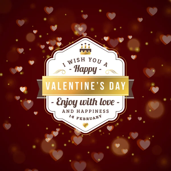 Happy Valentines Day Retro Golden Badge. Valentines Day Greeting Card or Poster. Vector Illustration. Design Template with Dark Background with Hearts and Bokeh — ストックベクタ
