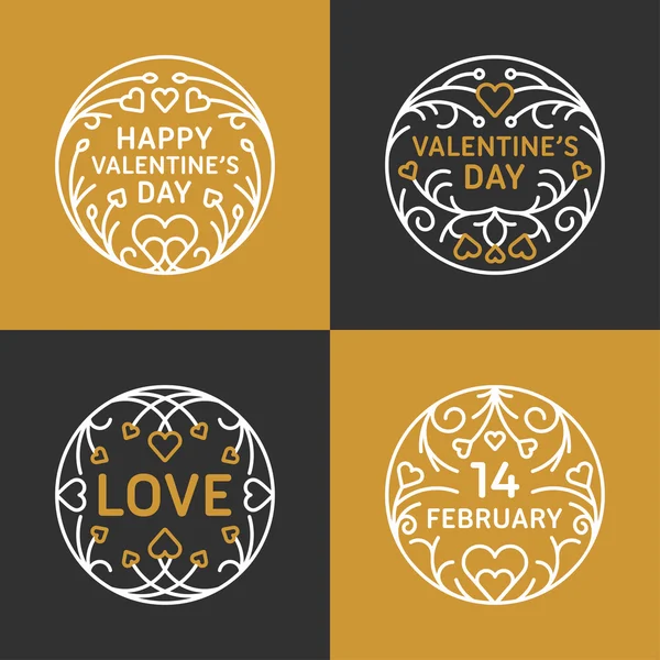 Set of Decorative Floral Circle Frames. Happy Valentines Day Celebration. Vector Design Element for Greeting Card. Golden and Black Colors — 图库矢量图片