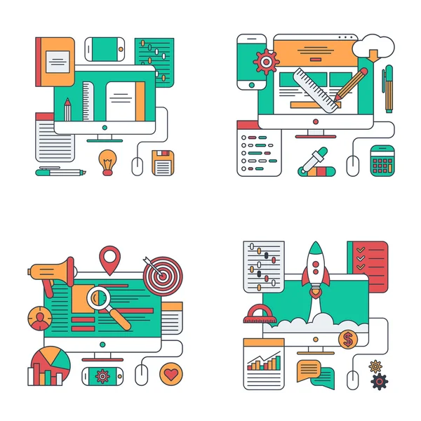 Conjunto de ilustrações de conceito de estilo plano de linha fina para design e desenvolvimento de aplicativos de escritório on-line ou site —  Vetores de Stock