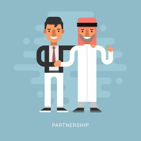 Lapos stílusú vektoros illusztráció koncepció a sikeres partnerség. Üzleti emberek együttműködési megállapodás, az üzletet és a kézfogás a két üzletember. Európai és Arab partnerség — Stock Vector