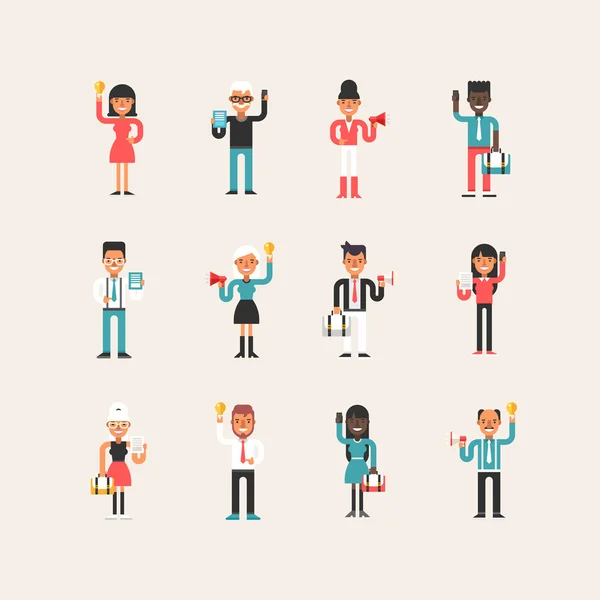 Conjunto de personajes de hombre de negocios y mujeres de dibujos animados de estilo plano con símbolos de negocios en diferentes poses — Vector de stock