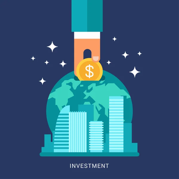 Flat Design Conceptual Illustration of Global Finance, Economy and Investment (en inglés). Mano Humana con Moneda y Tierra — Archivo Imágenes Vectoriales