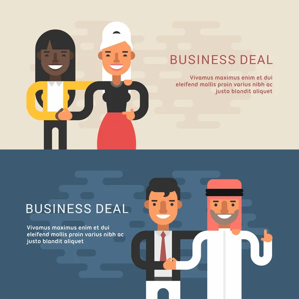 Set di modelli di banner web in stile piatto. Concetto di illustrazione vettoriale di partenariato di successo. Business Deal e stretta di mano di due uomini d'affari. Partenariato europeo e arabo — Vettoriale Stock