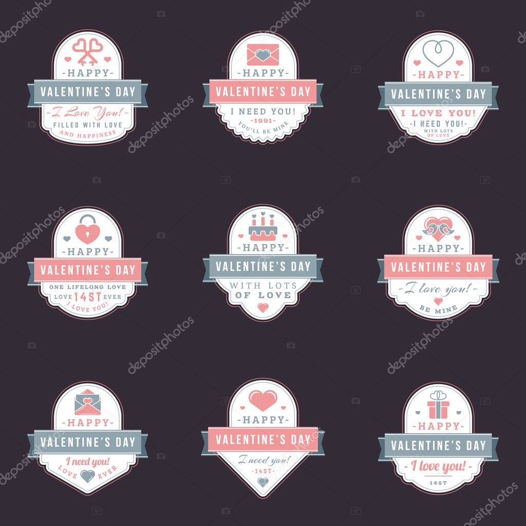 Set Of Vintage Happy Valentines Day Badges and Labels. Typography Design Template with Pink and Gray Colors