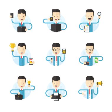 Set of Flat Style Vector Illustrations. Cartoon Characters. Businessmans in Different Poses. Illustrations for Web Banners and Promotional Materials