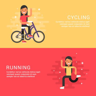 Set of Concept Flat Style Vector Sport Illustrations. Female Cartoon Character. Cycling, Running. Web Banner Template