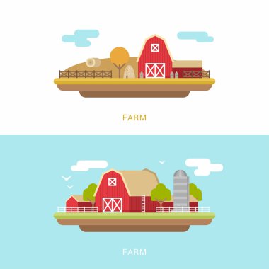 Vector Flat Style Illustration of Farm Landscape with Farmhouses and Fields clipart