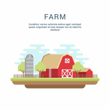 Vector Flat Style Illustration of Farm Landscape with Farmhouses and Fields on Light Background