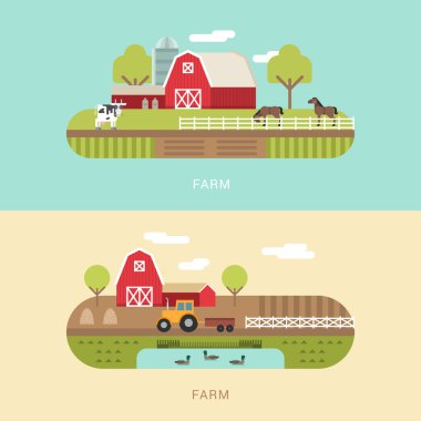 Vector Flat Style Illustration of Farm Landscape with Farmhouses, Pond and Fields