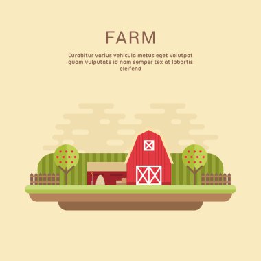 Vector Flat Style Illustration of Farm Landscape with Farmhouses and Fields clipart