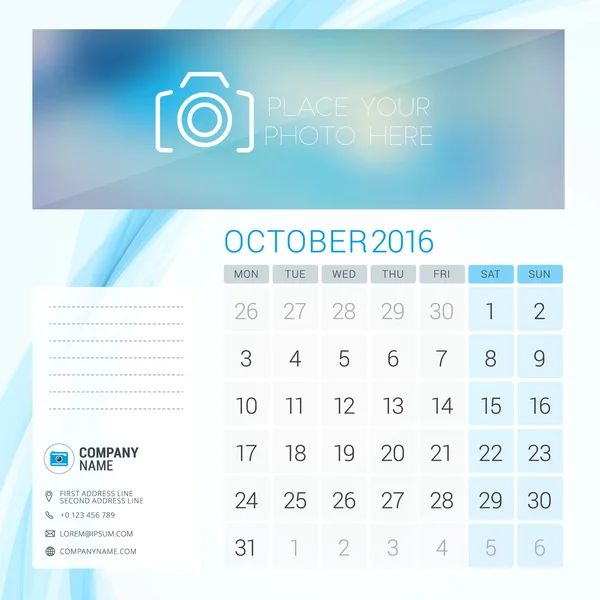 Настольный календарь на 2016 год. В октябре. Шаблон векторного дизайна канцелярских товаров с размещением фотографии, логотипа компании и контактной информации. Начало недели понедельник — стоковый вектор