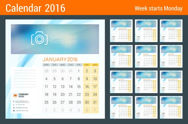 Schreibtischkalender für 2016 Jahr. Vektor Schreibwaren Design-Vorlage mit Platz für Foto, Firmenlogo und Kontaktinformationen. Die Woche beginnt am Montag. 12 Monate — Stockvektor