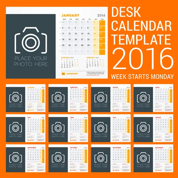 Calendário de Mesa para 2016 Ano. Modelo de design de papelaria vetorial. A semana começa no domingo. 3 Meses na página —  Vetores de Stock