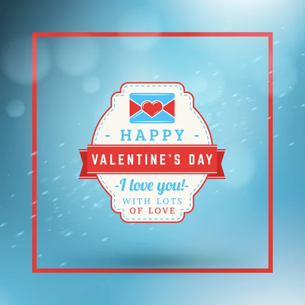 Happy Valentines Day Retro Label. Valentines Day Greeting Card or Poster. Vector Design Template with Abstract Light Blue Background and Bokeh — Stok Vektör