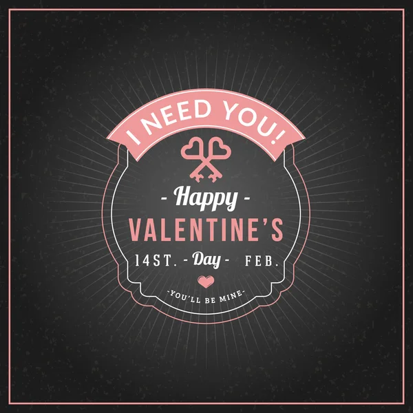 Happy Valentines Day Vintage Retro Badge. Carte de voeux ou affiche de la Saint-Valentin. Modèle de conception vectorielle avec fond foncé — Image vectorielle