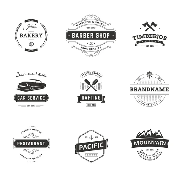 Set Minimal Vintage Hipster Logotype Templates. Hitam di Warna Putih. Makanan, Mobil, Perjalanan, Toko Barber - Stok Vektor