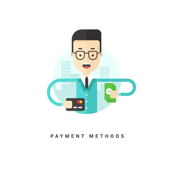 Flat Style Vector Conceptual Illustration. Cartoon Character Businessman Holding Cash and Credit Card. Payment Methods — Wektor stockowy