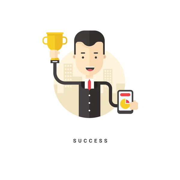 Ilustração Conceitual de Vetor de Estilo Plano. Desenhos animados Personagem Empresário Segurando Copa de Ouro. Sucesso — Vetor de Stock