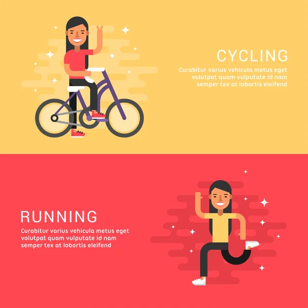 Set of Concept Flat Style Vector Sport Illustrations. Female Cartoon Character. Cycling, Running. Web Banner Template — Διανυσματικό Αρχείο