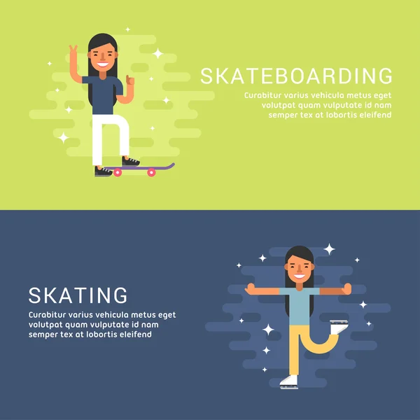 Set of Concept Flat Style Vector Sport Illustrations. Female Cartoon Character. Skateboarding, Skating. Web Banner Template — Stock Vector