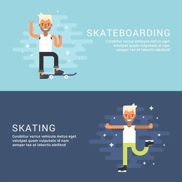 Set of Concept Flat Style Vector Sport Illustrations (dalam bahasa Inggris). Karakter Kartun Laki-laki. Skateboarding, Skating. Templat Banner Web - Stok Vektor