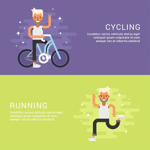 Set de Concepto Estilo Plano Vector Sport Illustrations. Personaje de dibujos animados masculinos. Ciclismo, correr. Plantilla de banner web — Archivo Imágenes Vectoriales