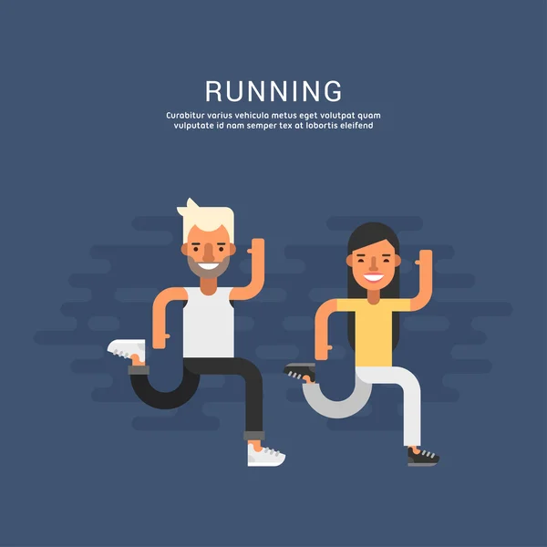 Ilustração do conceito do esporte. Personagens de desenhos animados masculinos e femininos correndo juntos. Correr. Ilustração vetorial de estilo plano — Vetor de Stock