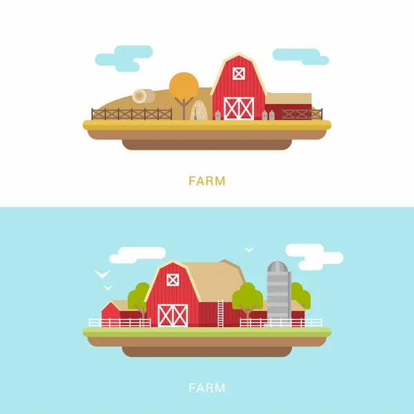 Vektor flache Darstellung der Farmlandschaft mit Bauernhäusern und Feldern — Stockvektor