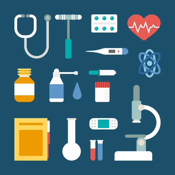 Set of Vector Flat Style Medical Icons and Objects. Stethoscope, Medical Supplies, Microscope, Thermometer, Pills, Patch, Spray, Heart — 图库矢量图片