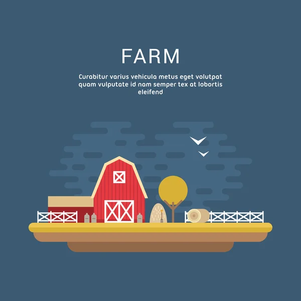 Vector Flat Style Illustration of Farm Landscape with Farmhouses and Fields on Dark Background — Wektor stockowy