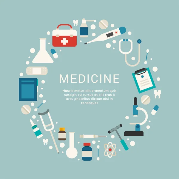 Medical Icons and Objects in the Shape of Circle. Ilustración vectorial en estilo de diseño plano con lugar para texto — Archivo Imágenes Vectoriales