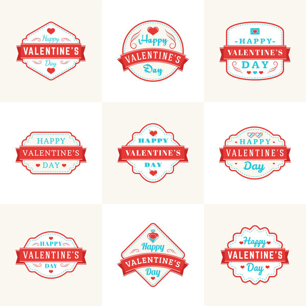 Набор винтажных с днем Святого Валентина Значки и этикетки. Шаблон типографии с красными и бирюзовыми цветами
