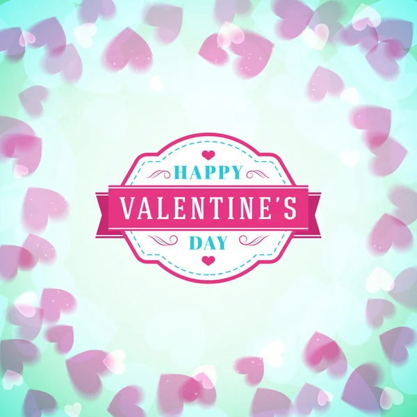Mutlu Sevgililer günü tipografik rozeti. Sevgililer günü kartı vektör çizim. Açık pembe renkli kalpler uçan ile tasarım şablonu — Stok Vektör