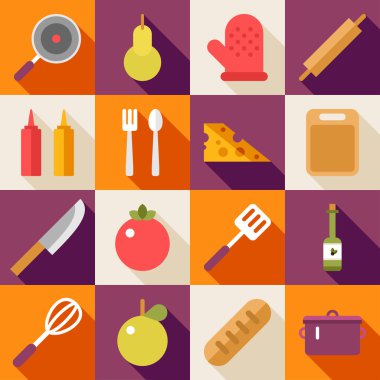 Set of Vector Flat Style Food Icons with Long Shadow. Fruits, Vegetables, Souce, Cutlery