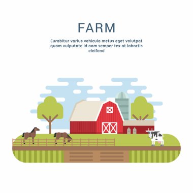 Vektör düz stil çizim çiftlik yatay, çiftlik ve alanları