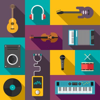 Set of Vector Flat Style Musical Icons with Long Shadow. Guitar, Headphones, Violin, Player, Speaker, Keyboard, Drums, Vinil