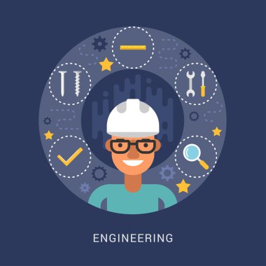 Building Icons and Objects in the Shape of Circle. Engineer Cartoon Character. Vector Illustration in Flat Design Style