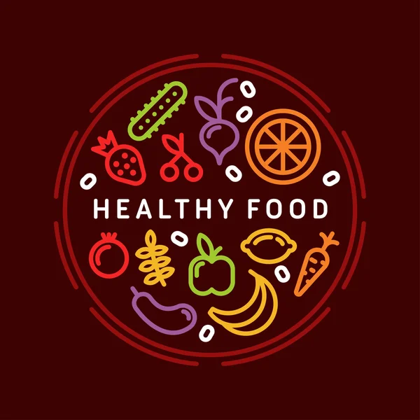 Comida saludable. Ilustración colorida del arte de línea para las verduras y las frutas sanas — Vector de stock