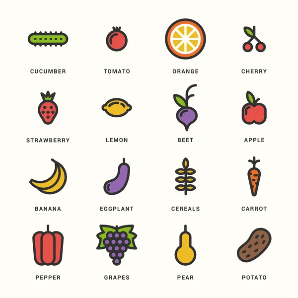 Reihe von Linienbildern mit bunten Symbolen. Gesundes Gemüse und Obst — Stockvektor